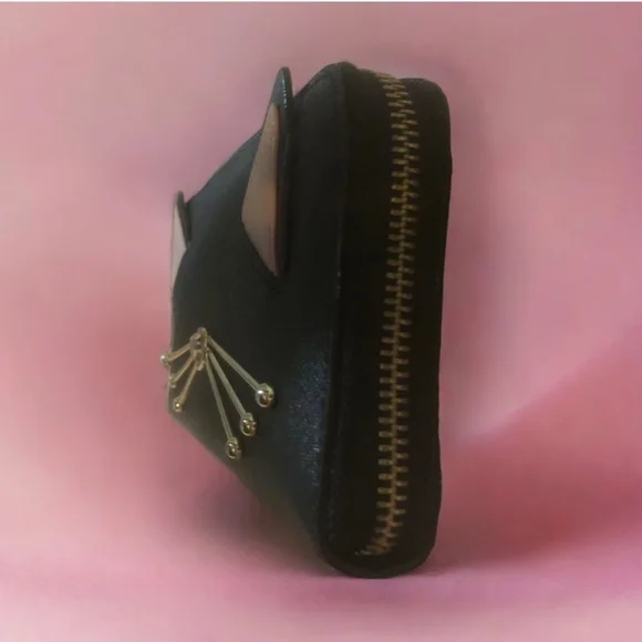 Kate Spade Black Cat Ear Wallet with Gold Accents. Zippered Large Wallet - Picture 3 of 9